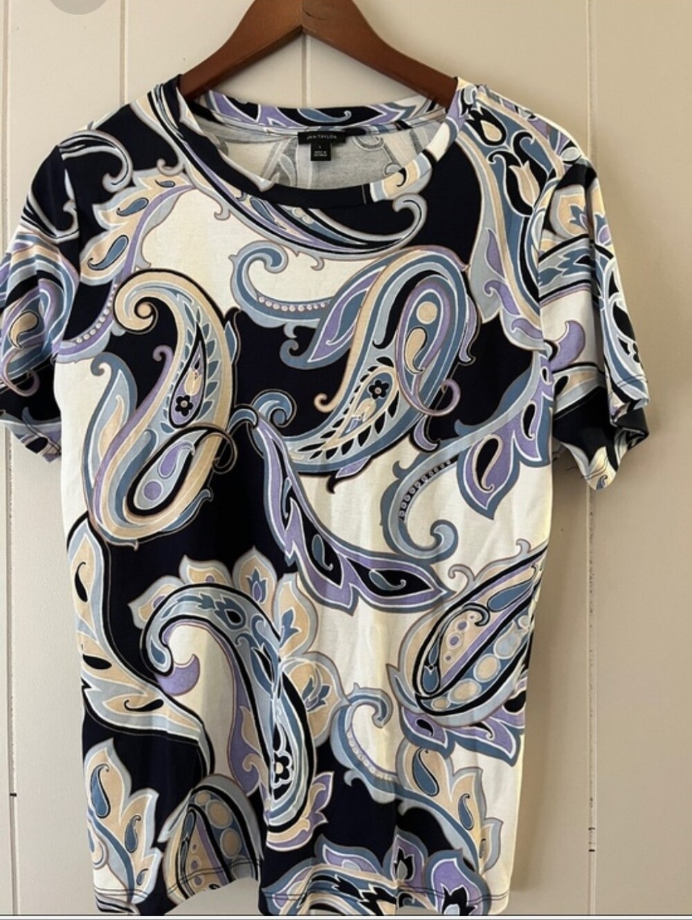 Talbots Cream Lavender Navy Paisley Tee Shirt Top Size Large